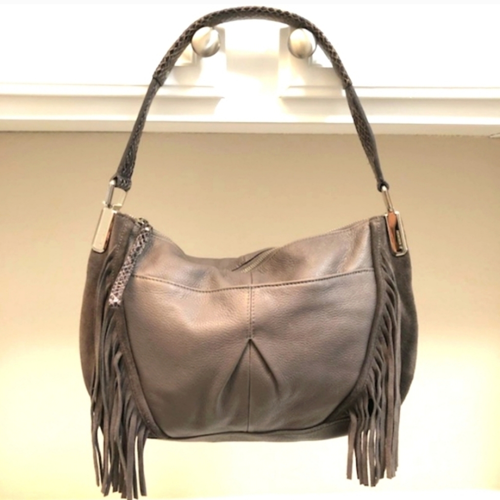B Makowsky Grey Leather Hobo Bag with Fringe